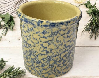 Robinson Ransbottom Crock 1 Qt Blue Sponge Ware Roseville Ohio Crock #700