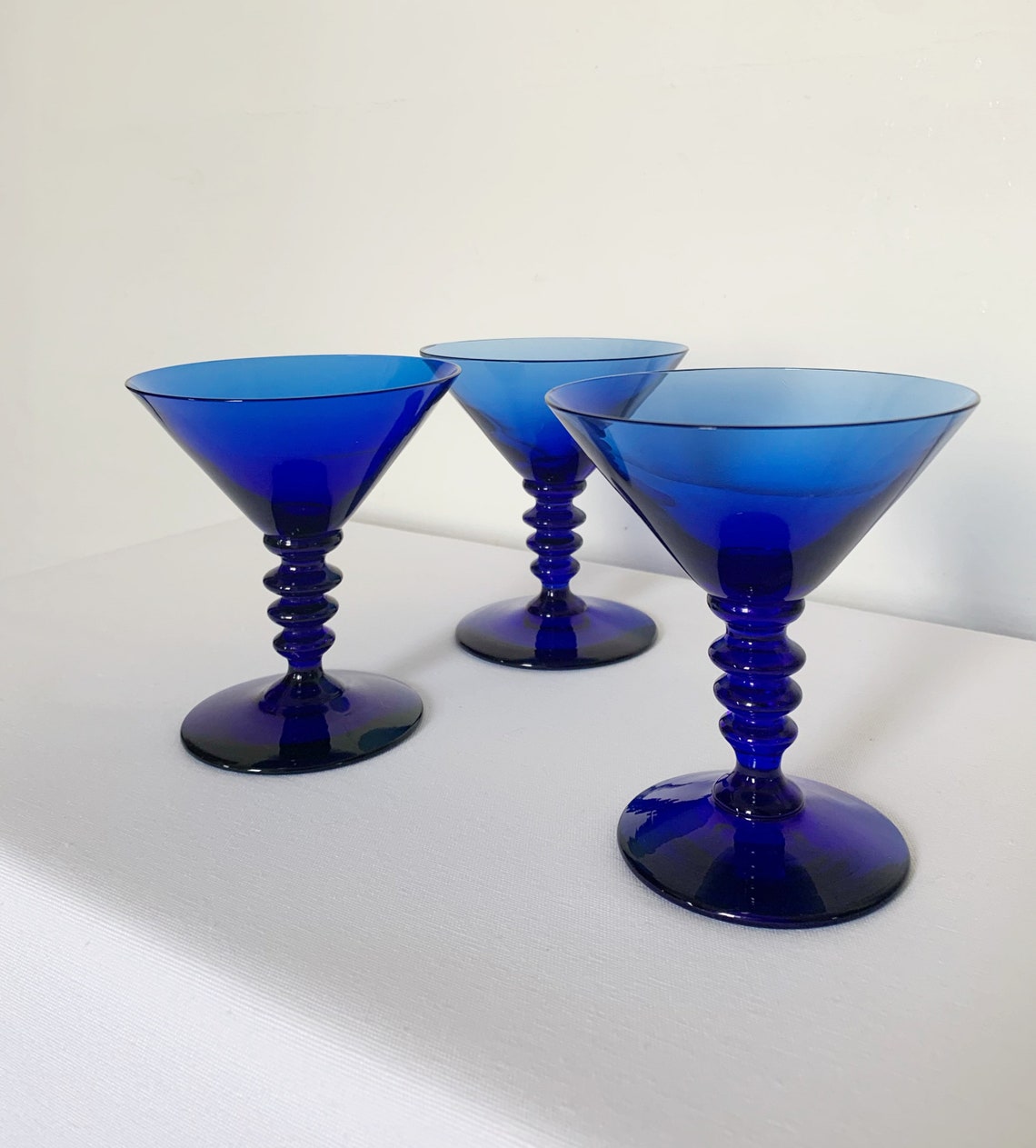 Set of 3 Vintage Handblown Blue Martini Glasses Etsy