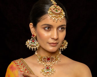 Elegant Juhi Choker Set with Earrings and Tika - Traditional Indian Jewellery, Perfect for Weddings and Cultural Events, Bridal Gift Idea