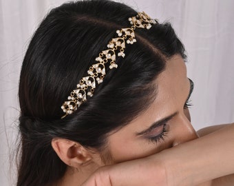 Handcrafted Jadau Kundan Bridal Hairband, Exquisite Sabyasachi Style Head Jewelry, Opulent Indian Mathapatti for Brides, Ethnic Wedding Gift