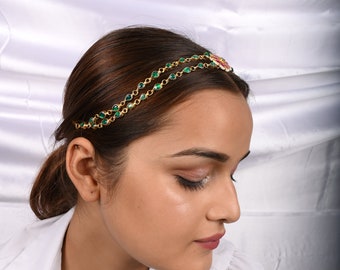 Gold Plated Green Kundan Headband / Sheeshphool , Indian Jewelry, Sabyasachi jewelry