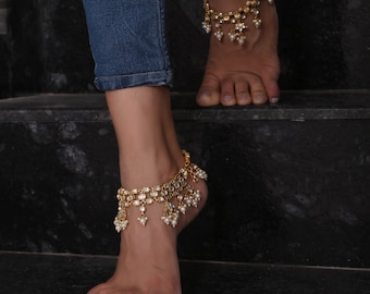 Gold Plated Kundan Anklets, Jadau Kundan anklet, Pokli Payal, Feet Foot Accessories, Bridal jewellery, Indian Traditional Wedding anklets