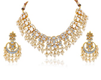 Gold Plated Kundan Mother of Pearl Necklace Set With Earrings/ Indian Jewelry/ Sabyasachi Jewelry