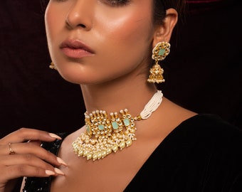 Collar de gargantilla Kundan chapado en oro con pendientes, joyas indias, joyas sabyasachi