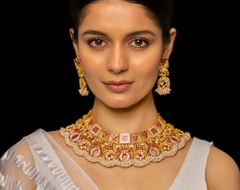 Meerkleurige vergulde jadau kundan-ketting met oorbellen, handgemaakte Indiase sieraden, traditionele feestelijke kleding, ideaal cadeau-idee voor statement