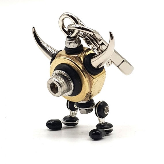 Steampunk Decor Cute Found Object Robot Initial Key Chain Bithday Gift Recycled Metal Ornament Home Office Desk Bedroom Handmade Miniature