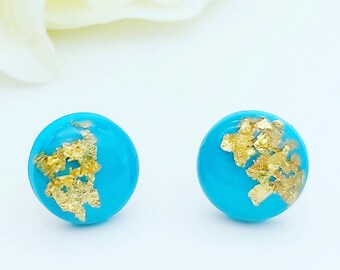 Turquoise and Gold Stud Earrings, Polymer Clay Earrings, Hypoallergenic Stud Earrings