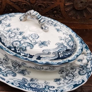 Blue and White Transferware, Antique Tureen with Matching Serving Platter Set, Tokio Blue Keeling and Co, Late Mayers, Vintage Ironstone