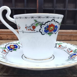 Ornate Hand Painted Cup and Saucer,  Elegant Antique English Bone China, Art Deco, Collectible, Flowers and Foliage