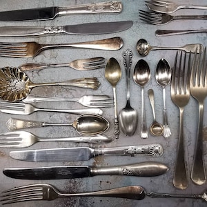 Food Photography Props, Vintage Silver Plated British Cutlery, Jewellery, Shibumi 渋み, Shibui, ウッドアート, Wabi Sabi, Craft, Tarnished Antique