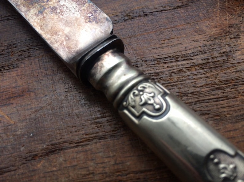 Engraved Patina Silver Plated Knife Sheffield Silver H Monogram Tarnished Housewarming Gift Food Props Antique Knife