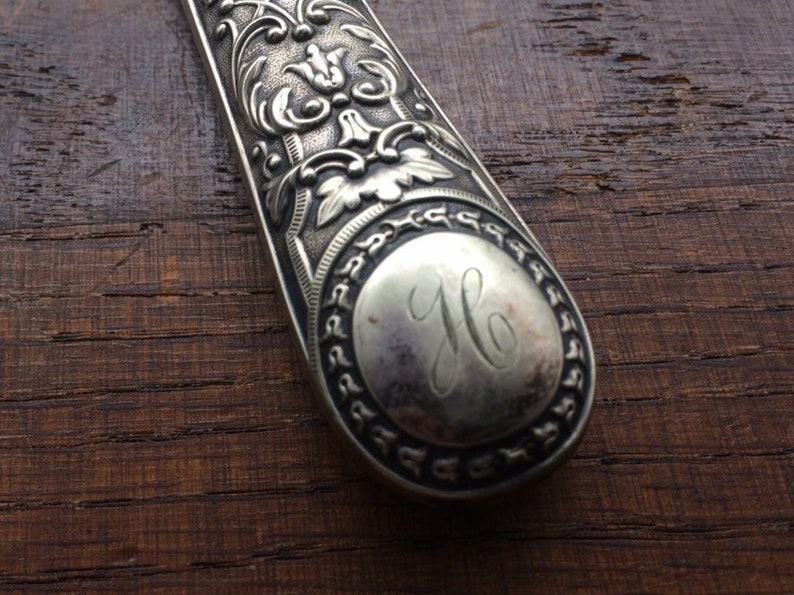 Engraved Patina Silver Plated Knife Sheffield Silver H Monogram Tarnished Housewarming Gift Food Props Antique Knife