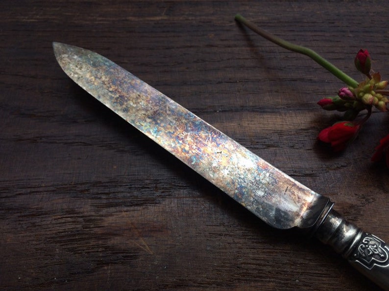 Engraved Patina Silver Plated Knife Sheffield Silver H Monogram Tarnished Housewarming Gift Food Props Antique Knife