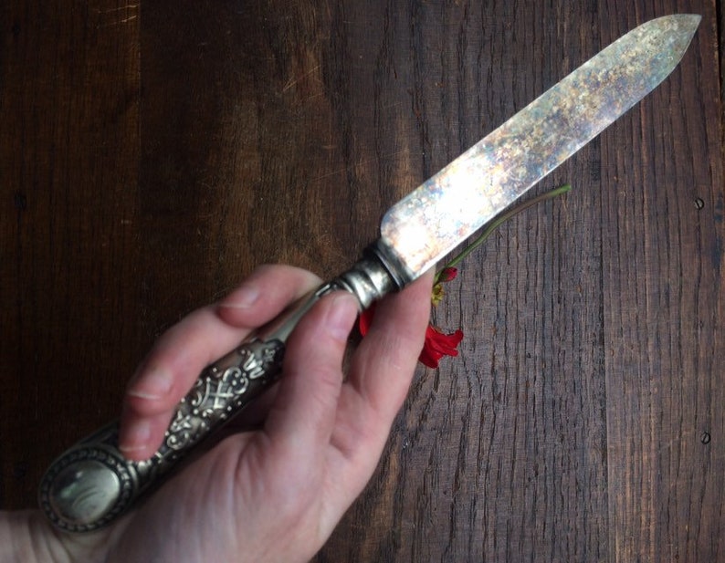 Engraved Patina Silver Plated Knife Sheffield Silver H Monogram Tarnished Housewarming Gift Food Props Antique Knife