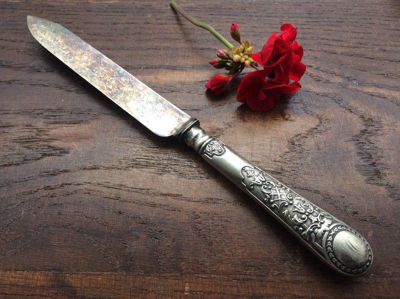 Engraved Patina Silver Plated Knife Sheffield Silver H Monogram Tarnished Housewarming Gift Food Props Antique Knife