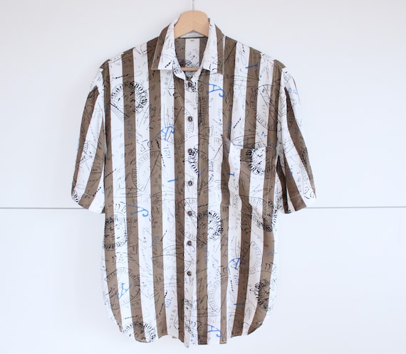 Vintage Striped White Shirt Short Sleeve Button Up