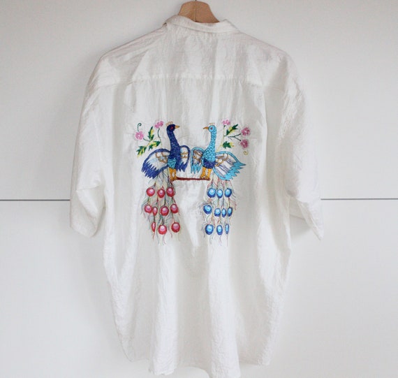 Vintage 90s Birds Embroidered Unisex Shirt White O