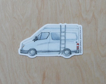 May include: A white van with a ladder on the roof. The van has a black outline and a gray interior. The text "DREAM SMALL @mecha.laser.art" is on the side of the van.