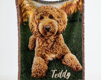 Couverture photo pour chien, jeté tissé personnalisé avec portrait d'animal de compagnie, tapisserie personnalisée avec le nom de l'animal, cadeau Goldendoodle, cadeau pour amoureux des chiens, couverture commémorative pour animaux de compagnie