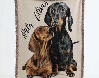 Couverture tissée personnalisée teckel, tapisserie chien personnalisée à partir d'une photo, portrait de votre animal, jeté 100 % coton, cadeau pour amoureux des teckels, souvenir commémoratif