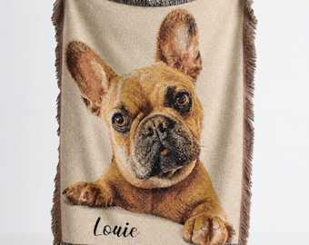 Couverture tissée personnalisée pour animaux de compagnie, jeté en coton avec photo de bouledogue français, tapisserie murale personnalisée avec portrait de chien, cadeau pour amoureux des bouledogues français et papas de chiens