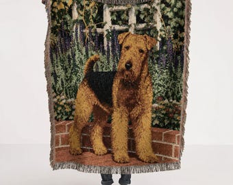 Couverture personnalisée avec portrait d'animal de compagnie - Couverture tissée 100% coton - Motif chien Airedale Terrier - Cadeau idéal pour les mamans de chiens
