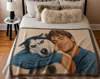 Couverture tissée personnalisée avec portrait de chien et de son maître, portrait aquarelle personnalisé de l'animal et de son propriétaire, jeté tissé, tapisserie murale pour animaux de compagnie