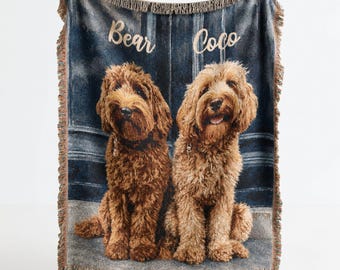 Couverture tissée personnalisée pour 2 animaux de compagnie, couverture tissée personnalisée pour chien avec nom personnalisé, jeté, tapisserie murale avec portrait de deux animaux de compagnie, cadeau pour amoureux des chiens et propriétaires de chiens