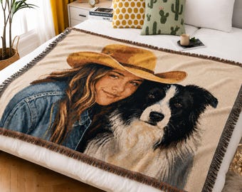 Couverture tissée personnalisée pour maman de chien, couverture en coton avec portrait d'animal de compagnie, jeté photo personnalisé pour chien et son maître, tapisserie murale avec portrait de chien et de son maître