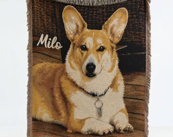 Jeté tissé pour chien personnalisé Couverture en coton personnalisée avec photo pour animal de compagnie, portrait de chien aquarelle personnalisé tapisserie murale cadeau chien maman animal commémoratif