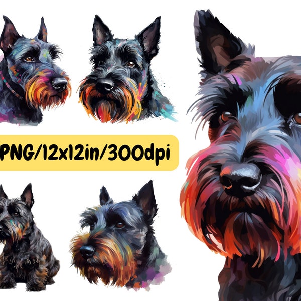 Scotch Terrier Aquarelle Clipart, set 5 PNG pour l'impression sur T-shirts, Affiches, Toile, Tasses, Gobelets, Cartes, Collages, Cahiers, Sacs