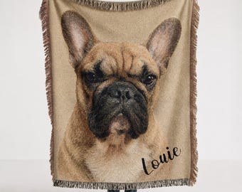 Couverture tissée pour chien personnalisée avec photo, jeté de lit avec portrait d'animal de compagnie, tapisserie tissée pour chien, cadeau personnalisé, couverture commémorative pour maman de bouledogue français