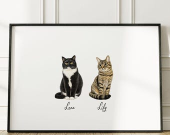 Mini portrait d'animal de compagnie personnalisé 2 aquarelle portrait de chat personnalisé deux chats peinture impression numérique d'animal de compagnie illustration de chat personnalisée chat maman cadeau