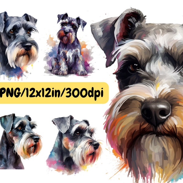 Mittel Schnauzer Watercolor Clipart, set 5 PNG for printing on T-shirts, Posters, Canvas, Cups, Tumblers, Cards, Collages, Pillows, Bags