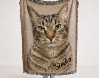 Couverture tissée personnalisée pour chat, jeté photo personnalisé avec portrait de chat, tapisserie, cadeau pour amoureux des chats, décoration murale commémorative pour animaux de compagnie