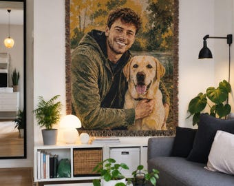 Couverture tissée personnalisée pour animaux de compagnie avec portrait aquarelle humain et chien - Couverture en coton - Cadeau commémoratif pour les maîtres d'animaux
