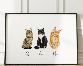Mini portrait personnalisé de 3 chats à l'aquarelle à partir d'une photo, portrait numérique de trois animaux de compagnie, art mural chat numérique, impression de chaton, cadeau de Noël, amoureux des chats