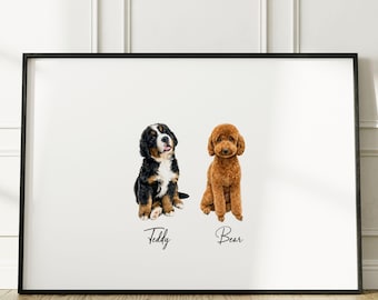 Mini portrait personnalisé de deux chiens à l'aquarelle Portrait personnalisé de deux animaux de compagnie Impression numérique de chien Illustration d'animal de compagnie personnalisée Cadeau d'adoption de chien commémoratif