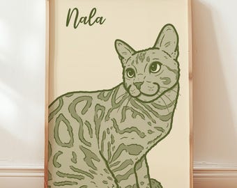 Dessin à la main de portrait de chat personnalisé : portrait d'animal de compagnie coloré personnalisé, affiche de chat moderne pour cadeau de mamans de chat et propriétaires d'animaux de compagnie