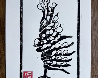 Grabado en bloque del árbol de Melibe