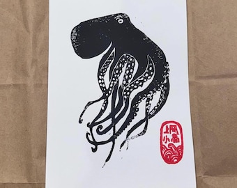 Impressão de polvo à deriva com hanko 5x7