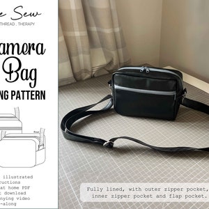 May include: A black camera bag with a zipped pocket and a flap pocket. The bag has a black adjustable strap and is fully lined. The image also includes a sewing pattern for the bag, which is titled "Camera Bag Sewing Pattern".