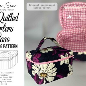 May include: A quilted curlers case sewing pattern with a floral design in white, purple, and navy blue. The case has a pink zip and handle. The interior is lined with pink gingham fabric. The text "Elfie Sew" and "Quilted Curlers Case Sewing Pattern" are visible.