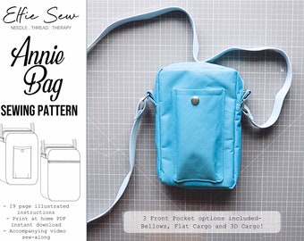 Annie Bag PDF Sewing Pattern by Elfie Sew - Shoulder Bag, Cross body bag, multi zip bag, hiking, dog walking, pocket options, sew-along