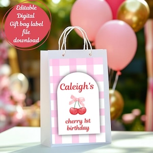 Cherry 1st Birthday Gift Bag Editable Label(Red Font)