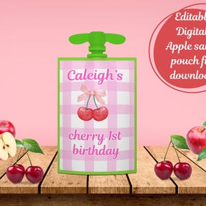 Cherry 1st Birthday Apple  Sauce Pouch Label -Editable (Pink font)