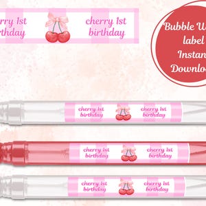 May include: Printable labels for bubble wands with a pink and white checkered background and a cherry graphic. The labels say "cherry 1st birthday".