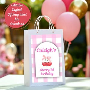 Cherry 1st Birthday Gift Bag Editable Label(Pink Font)
