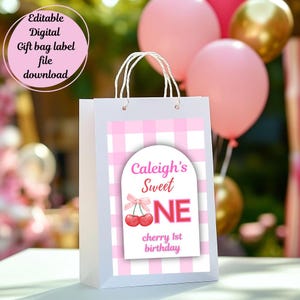 Cherry 1st Birthday-Sweet One Gift Bag Label(Pink Font)