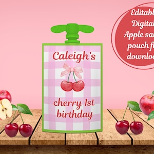 Cherry 1st Birthday Apple  Sauce Pouch Label -Editable